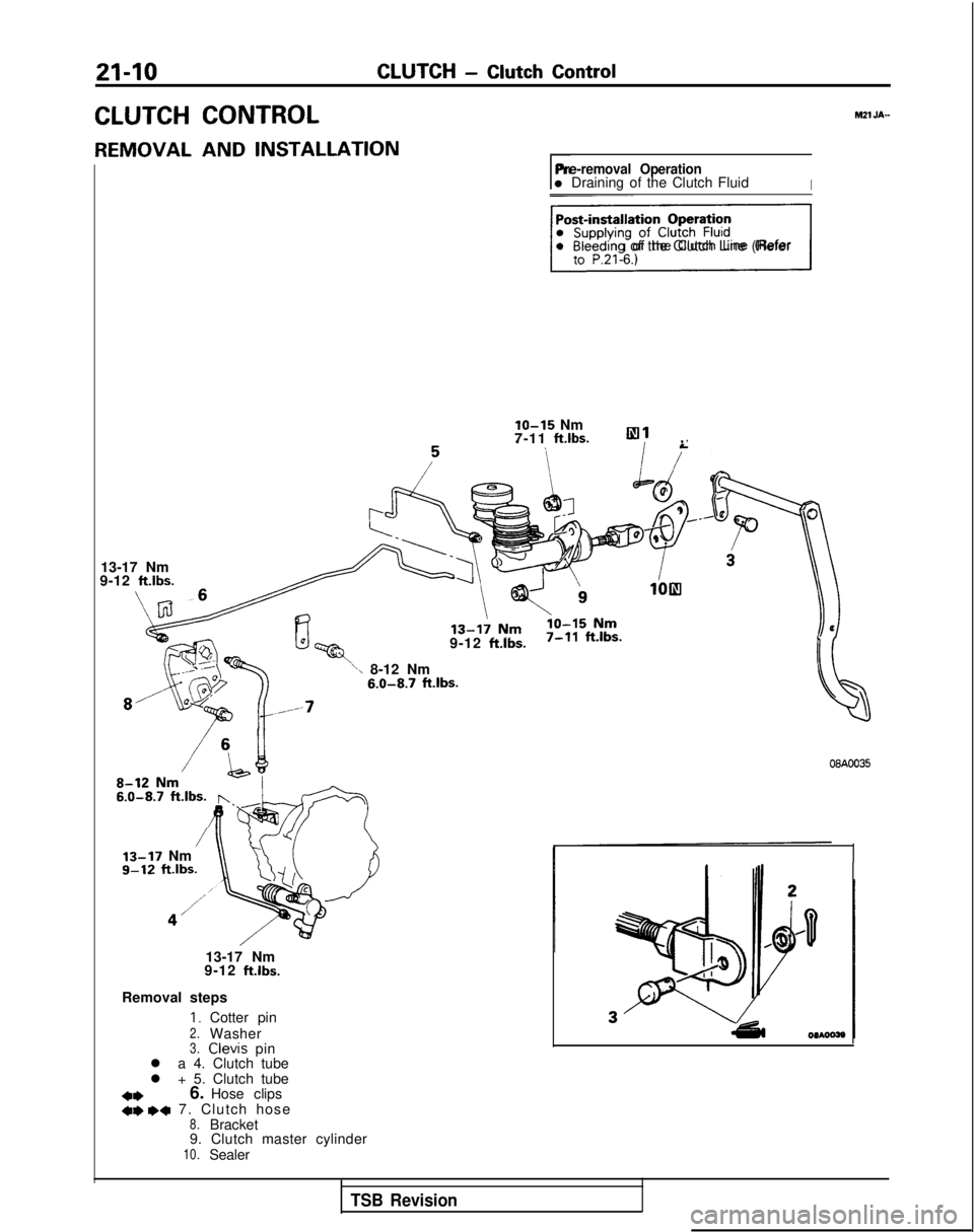 MITSUBISHI GALANT 1989  Service Repair Manual 21-10CLUTCH - Clutch Control
CLUTCH CONTROLh121 JA-
REMOVAL AND INSTALLATION
rPre-removal Operationl Draining of the Clutch FluidI
piigsql Bleeding of the Clutch Line (Refer
lo-15 Nm
7-11 ft.lbs.,
13-