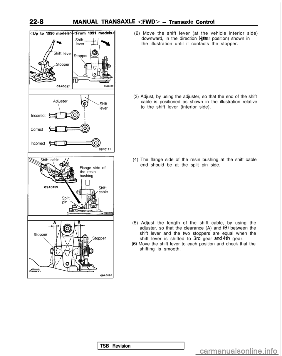 MITSUBISHI GALANT 1989  Service Repair Manual 22-8MANUAL TRANSAXLE <FWD>
 - Transaxle Control
09A0037
Incorrect Shift
lever
Correct
Incorrect09AO159
(2) Move the shift lever (at the vehicle interior side)
downward, in the direction  (4th gear pos