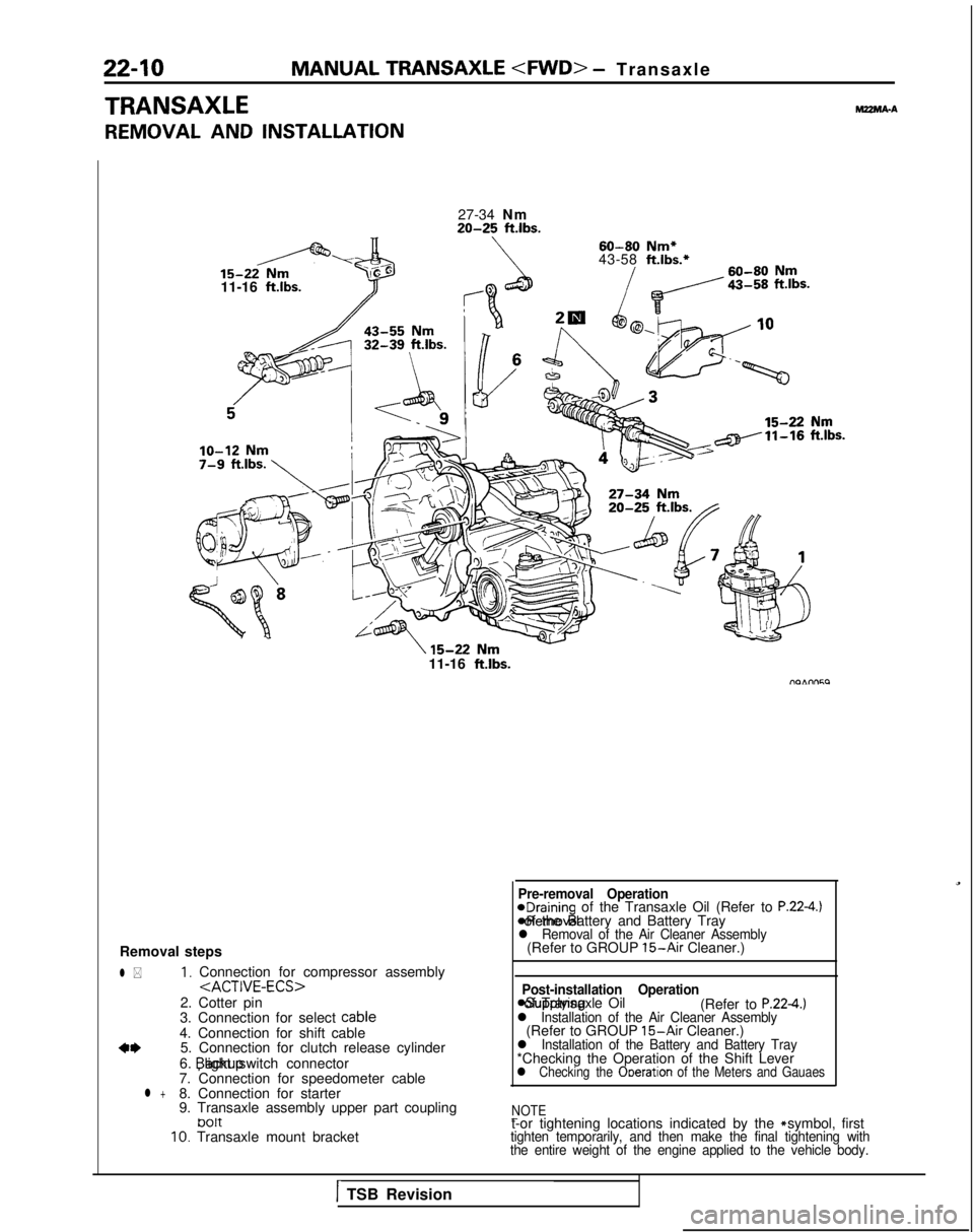 MITSUBISHI GALANT 1989  Service Repair Manual 22-10MANUAL TRANSAXLE <FVVD> - Transaxl
e
TRANSAXLE
REMOVAL AND INSTALLATION
MZMA-A
27-34 Nm20-25 ft.lbs.
60-80 
Nm*
43-58  ft.lbs.*
11-16 
ft.lbs.71
11-16 ftlbs.
Removal steps
l *1, Connection for co