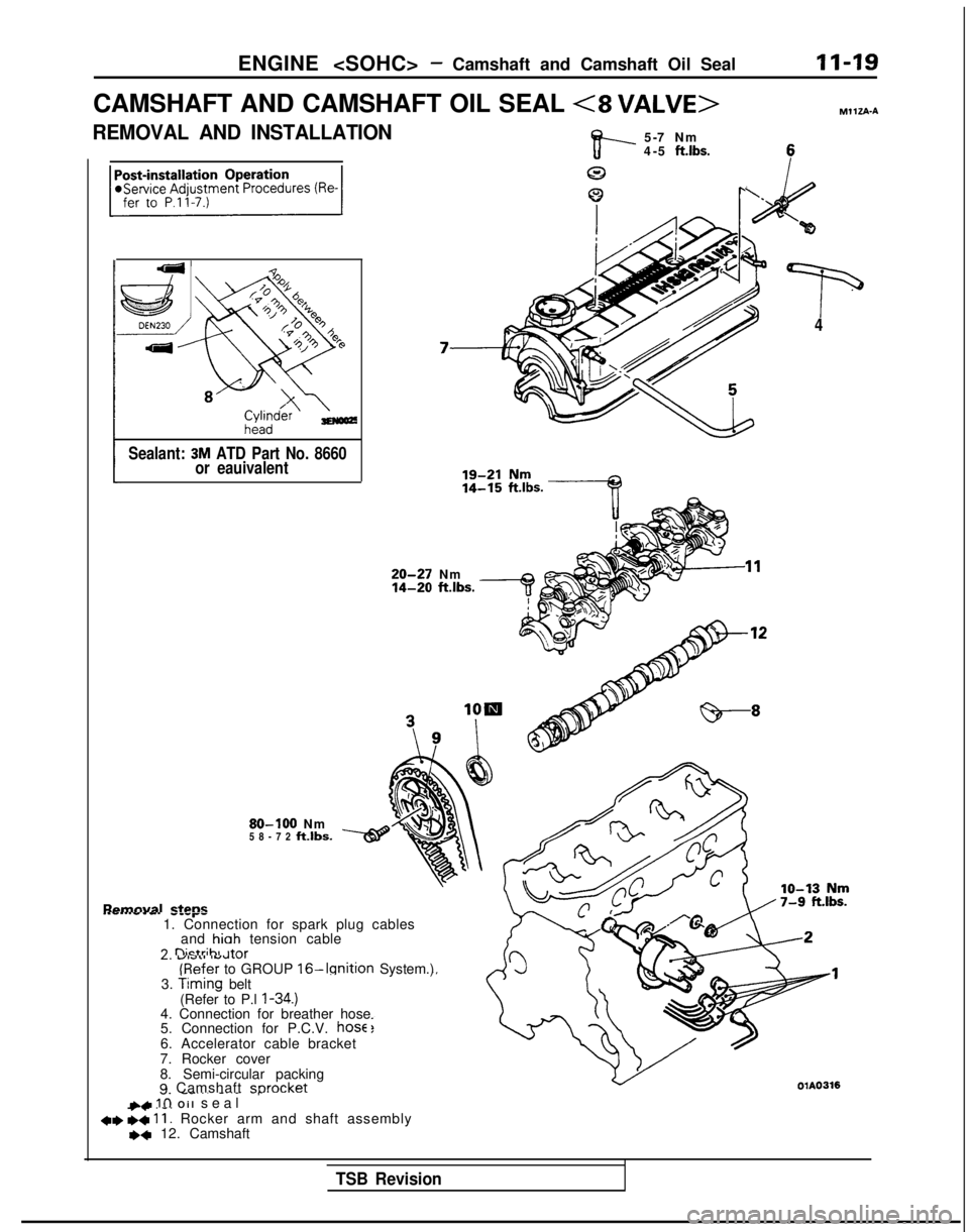 MITSUBISHI GALANT 1989  Service Repair Manual ENGINE <SOHC>- Camshaft and Camshaft Oil SealII-19
CAMSHAFT AND CAMSHAFT OIL SEAL <8 
VALVE>MllZA-A
REMOVAL AND INSTALLATION
v--
5-7 Nm
4-5 ft.lbs.
0
0 I‘
‘p4
Sealant: 
3M ATD Part No. 8660
or eau