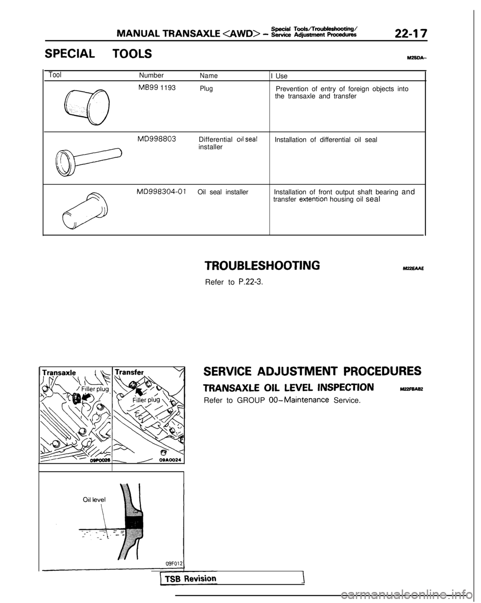 MITSUBISHI GALANT 1989  Service Repair Manual MANUAL TRANSAXLE <AWD> - k% :;%t,rtb’kkii%i22-l 7
SPECIAL TOOLSMZSDA-
ToolNumberNameI Use
w
MB99
 1193
r
PlugPrevention of entry of foreign objects into
the transaxle and transfer
L
MD998803Differen