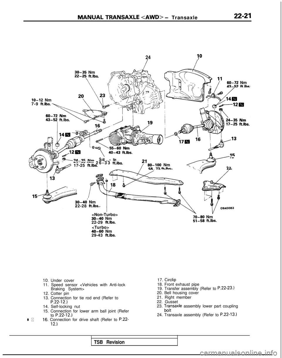 MITSUBISHI GALANT 1989  Service Repair Manual MANUAL TRANSAXLE  <AWD>
 - Transaxle22-21
2430
30-35 Nm 22-25\
  ftlbs.
-.
60-72 Nm\‘I..-\)43-52 ti.lhe~
lo-12 Nm
7-9 ft.lbs. 1
40-43  ftlbs..-3d-2FNm
--A 17-25 ft.lbs.
36-46 -_ --Nm _ _.-7.--.--l 