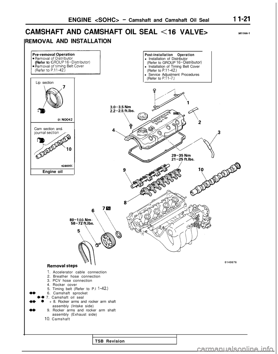 MITSUBISHI GALANT 1989  Service Repair Manual ENGINE <SOHC>- Camshaft and Camshaft Oil Seal1 I-21
CAMSHAFT AND CAMSHAFT OIL SEAL<I6 VALVE>MllHA-1
IEMOVAL AND INSTALLATION
1(Refer to GRPUP 16-Distnbutor)
Lip section
01 
NO042
Cam section and lG900