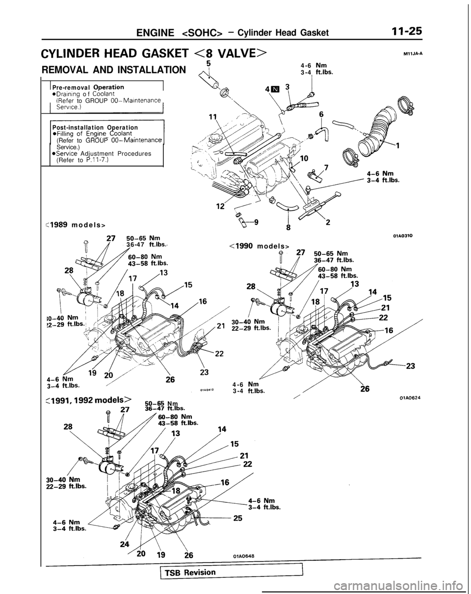 MITSUBISHI GALANT 1989  Service Repair Manual ENGINE <SOHC>- Cylinder Head Gasket11-25
CYLINDER HEAD GASKET <8 VALVE>
REMOVAL AND INSTALLATION,,j4-6 Nm3-4 ft.lbs.
MllJA-A
Pre-removal ODeration
eDraInIng
 of Coolant (Refer
 to GROUP OO-Maintenance