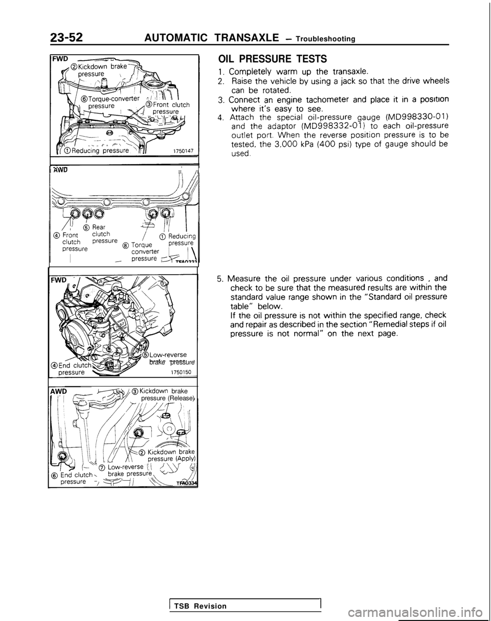 MITSUBISHI GALANT 1989  Service Repair Manual 23-52AUTOMATIC TRANSAXLE - Troubleshooting
OIL PRESSURE TESTS
1. Completely
  warm
 up  the
  transaxle.
2.Raise the 
vehicle
  by
  using
 a jack so that  the
  drive
  wheels
can be 
rotated.
3. 
Co