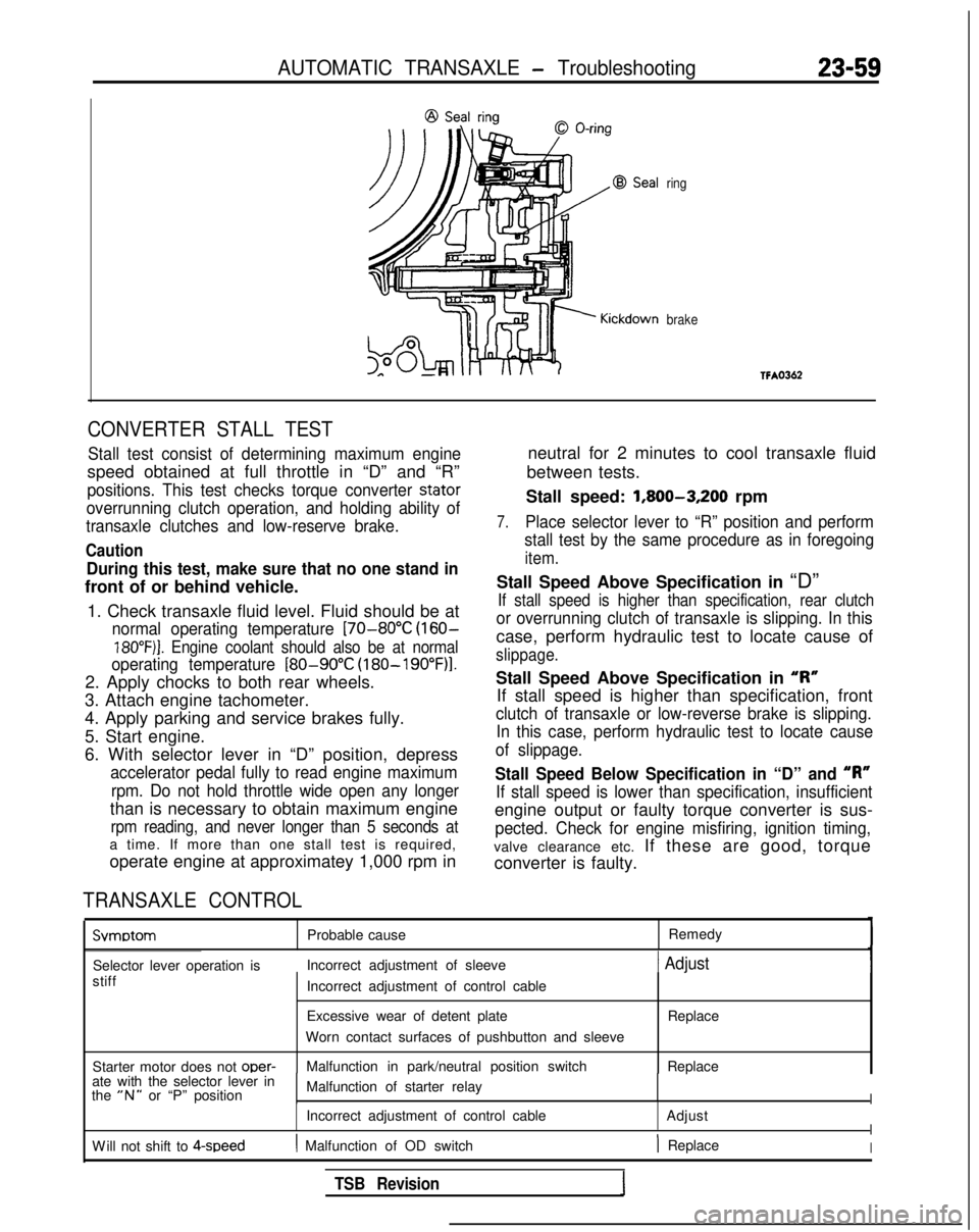 MITSUBISHI GALANT 1989  Service Repair Manual AUTOMATIC TRANSAXLE - Troubleshooting23-59
ring
brake
CONVERTER STALL TEST
Stall test consist of determining maximum engine
speed obtained at full throttle in “D” and “R”
positions. This test 