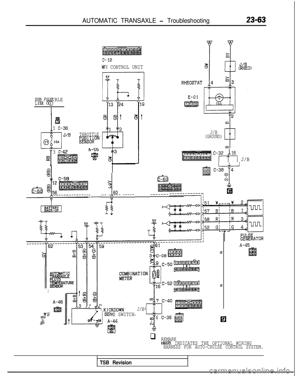 MITSUBISHI GALANT 1989  Service Repair Manual AUTOMATIC TRANSAXLE - Troubleshooting
MFI CONTROL UNIT
THROTTLEW#ON
n cc
E-01
mfY;KFU1 IBLE23
J/B(GROUND)
C-32 xi.16
I
3 C-42E
5 13 ~1~11~1Ef13(14l15#61117 J/B
c-38 4
T
41cu
-c-58>0
i
.___ -’s_Q- --