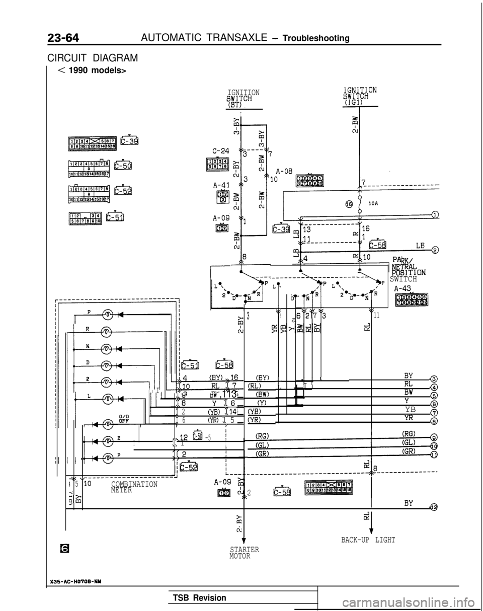 MITSUBISHI GALANT 1989  Service Repair Manual 23-64AUTOMATIC TRANSAXLE - Troubleshooting
CIRCUIT DIAGRAM
< 1990 models>
IGNITION
WCH
I
A-09
@
RK/
,_________ -_----__----
L /p Lo\
J ,"
-LB!f#kONp SWITCH
*IA-43
a
il-jR2 -o,-wdRN
Ej27 5	113
P
(B