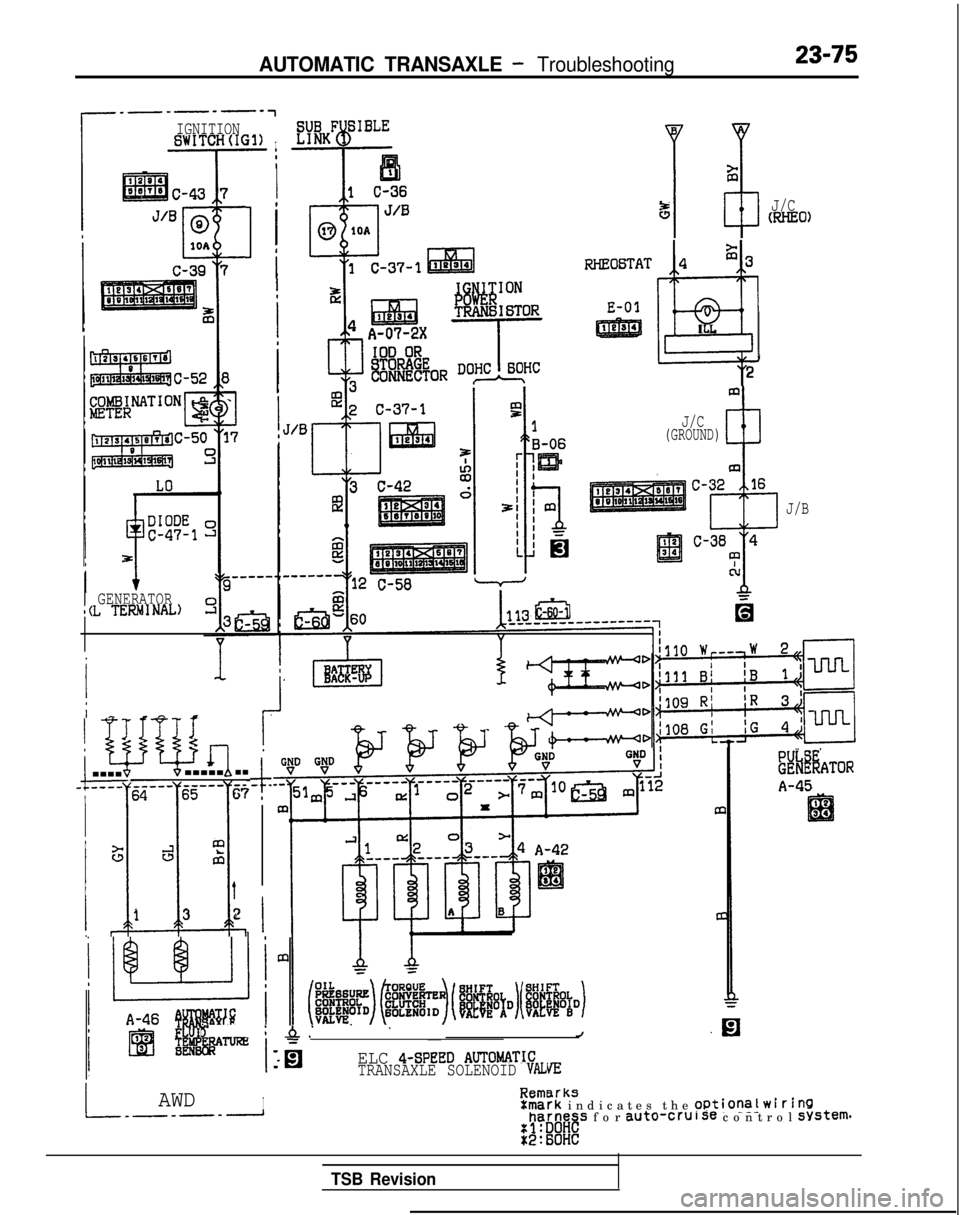 MITSUBISHI GALANT 1989  Service Repair Manual AUTOMATIC TRANSAXLE - Troubleshooting23-75
IGNITIONBWITCH(IG1)I
Ia
I
1 ’
iRHEO6TAT
E-01
5J/CmHE0)
GENERATORl(L TERMNAL)
4$3
@
I
L
2
I I-?i
wb&q-------.-.-.-------6567
I
Y
.l!.
GJal
t
13 2
$- .
I
J/C