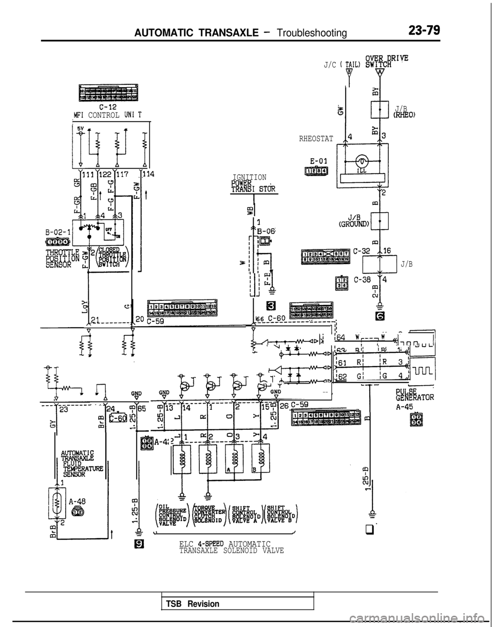MITSUBISHI GALANT 1989  Service Repair Manual AUTOMATIC TRANSAXLE - Troubleshooting23-79
c-12MFI CONTROL UN1 TI5V
IFI I! I
m~131>22~117. .
I-
a
J”c
;It------
V
IGNITION
?!RE-I BT&
I
1
B-06
[ lm
3;
t7 fmI! 1
J/C ’ P’L)!%flg
5J/BWIEO)
RHEOSTA