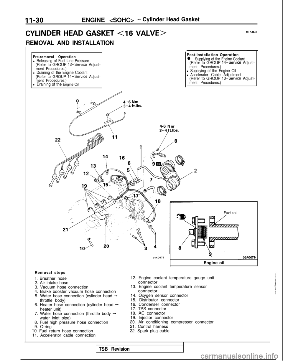 MITSUBISHI GALANT 1989  Service Repair Manual II-30ENGINE <SOHC>- Cylinder Head Gasket
CYLINDER HEAD GASKET <I6 VALVE>
REMOVAL AND INSTALLATION
Ml IJA-C
Pre-removal Operationl Releasing of Fuel Line Pressure(Refer to GROUP 13-Service  Adjust-ment