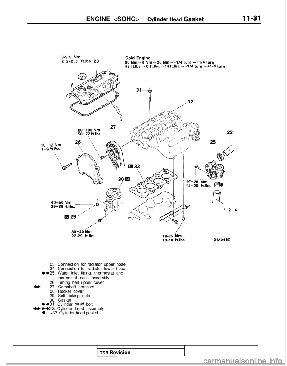 MITSUBISHI GALANT 1989  Service Repair Manual ENGINE <SOHC>- Winder Head Gasket
3-3.5 
Nm2.2-2.5 ft.lbs. 28 Cold Engine80 Nm + 0 Nm - 20 Nm - +1/4
 turn + +I/4 turn
58 ft.lbs. - 0 ftlbs.  -+ 14fWbs. - +I/4 turn - +1/4 turn
/g$j?&-
- Tiff i ”.\,