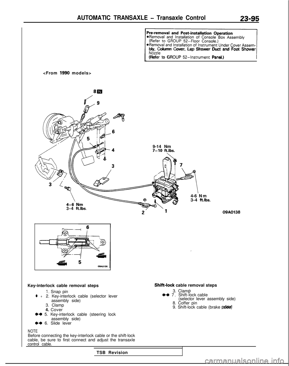 MITSUBISHI GALANT 1989  Service Repair Manual AUTOMATIC TRANSAXLE - Transaxle Control23-95
<From 1990 models>
4-6‘Nm3-4 ftlbs.
Pre-removal and Post-installation Operation*Removal and Installation of Console Box Assembly(Refer to GROUP  52-Floor