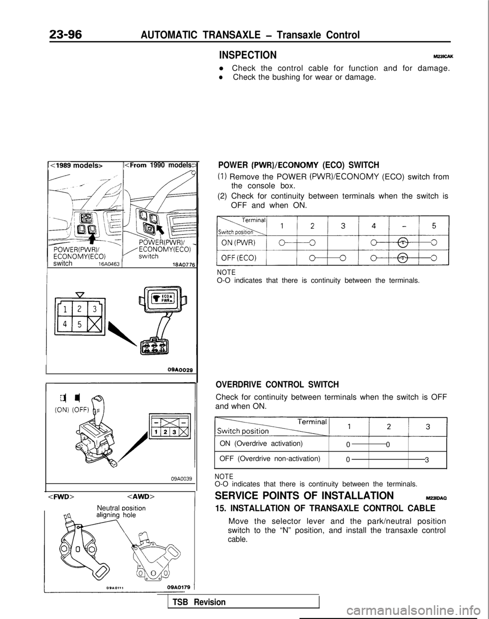 MITSUBISHI GALANT 1989  Service Repair Manual 23-96AUTOMATIC TRANSAXLE - Transaxle ControlI<1989
 models>
/<From 1990 models:
switch 16A046318A077E
09*0029
09A0039
<FWD> <AWD>
Neutral 
oosition
INSPECTIONM23lcAK
l Check the control cable for func