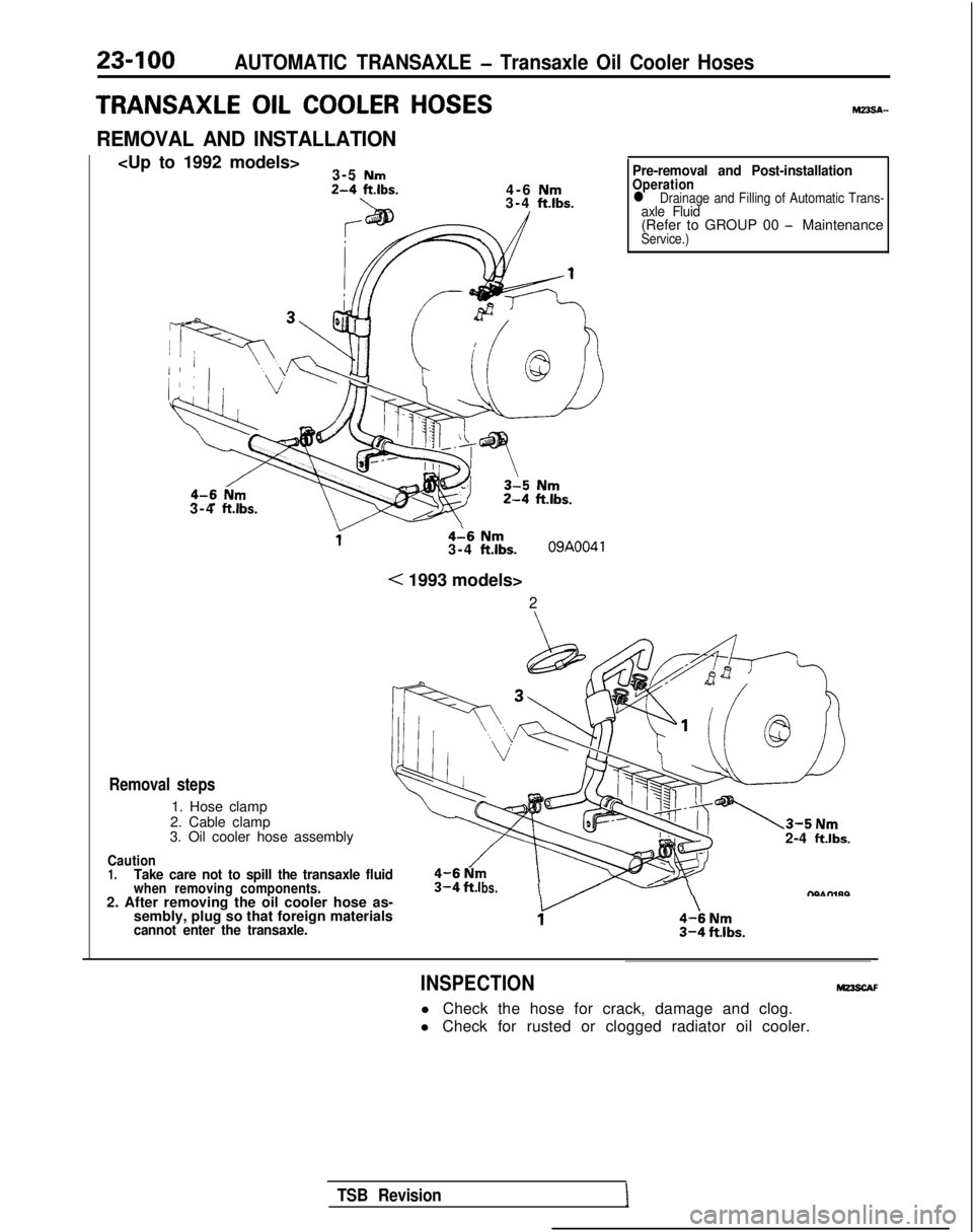 MITSUBISHI GALANT 1989  Service Repair Manual 23-100AUTOMATIC TRANSAXLE - Transaxle Oil Cooler Hoses
TRANSAXLE OIL COOLER HOSES
REMOVAL AND INSTALLATION
<Up to 1992 models>3-5 Nm2-4 ft.lbs.4-6 Nm\3-4 ft.lbs.
3-4 ft.lbs.
4-6 Nm3-4 ft.lbs.09A0041
<