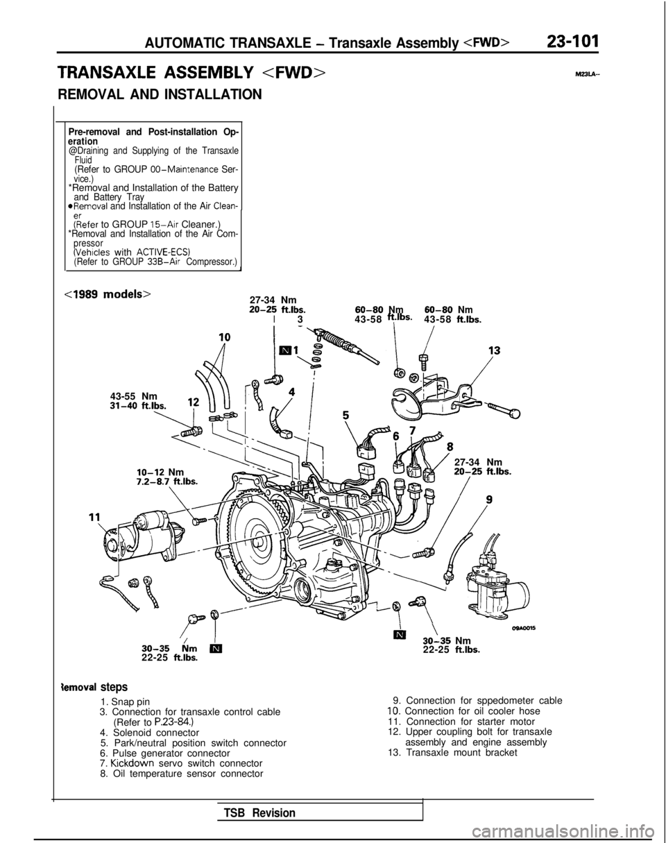 MITSUBISHI GALANT 1989  Service Repair Manual AUTOMATIC TRANSAXLE - Transaxle Assembly <FWD>
TRANSAXLE ASSEMBLY <FWD>
REMOVAL AND INSTALLATION
23-101
mz3u-
Pre-removal and Post-installation Op-eration@Draining and Supplying of the TransaxleFluid(