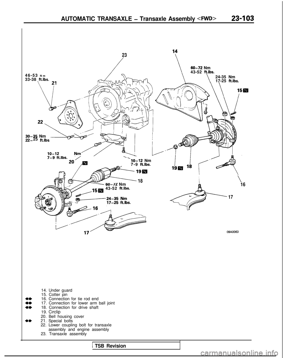 MITSUBISHI GALANT 1989  Service Repair Manual AUTOMATIC TRANSAXLE - Transaxle Assembly dVVD>23-103
23‘;1
46-53 N
 m
33-38  ftlbs.
30-35 Nm2225 filbs *---.-<l - ;jI- . .
lo-12 Nrn/F< 17-g --ftlbs.
20’/m
. .lo-12 Nm
7-9 ftlbs.
18-
 -
-- Nm
60-7