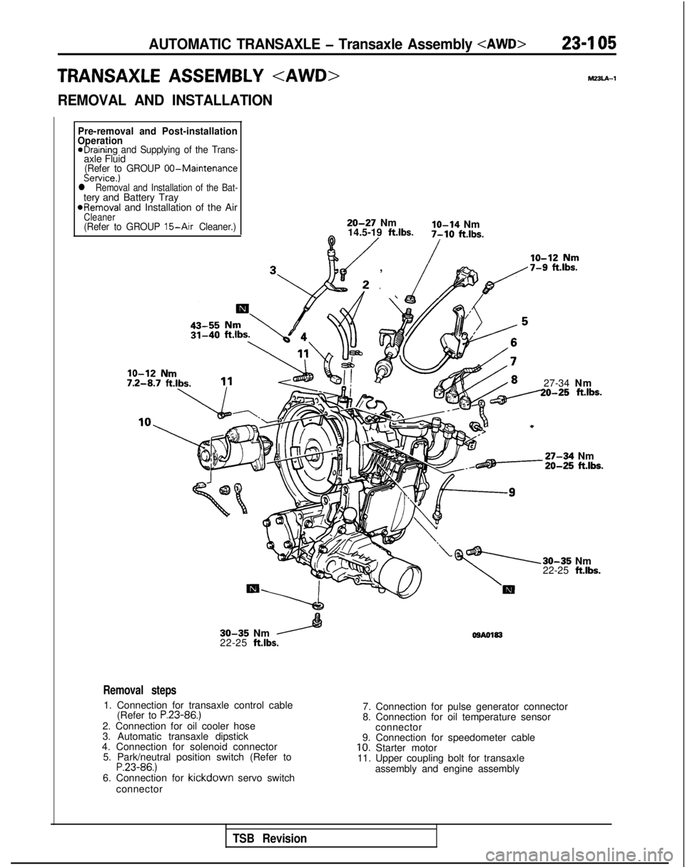 MITSUBISHI GALANT 1989  Service Repair Manual AUTOMATIC TRANSAXLE - Transaxle Assembly <AWD>23-I 05
TRANSAXLE ASSEMBLY <AWD>hl33lA-1
REMOVAL AND INSTALLATION
Pre-removal and Post-installation
Operation
eDraining and Supplying of the Trans-axle Fl