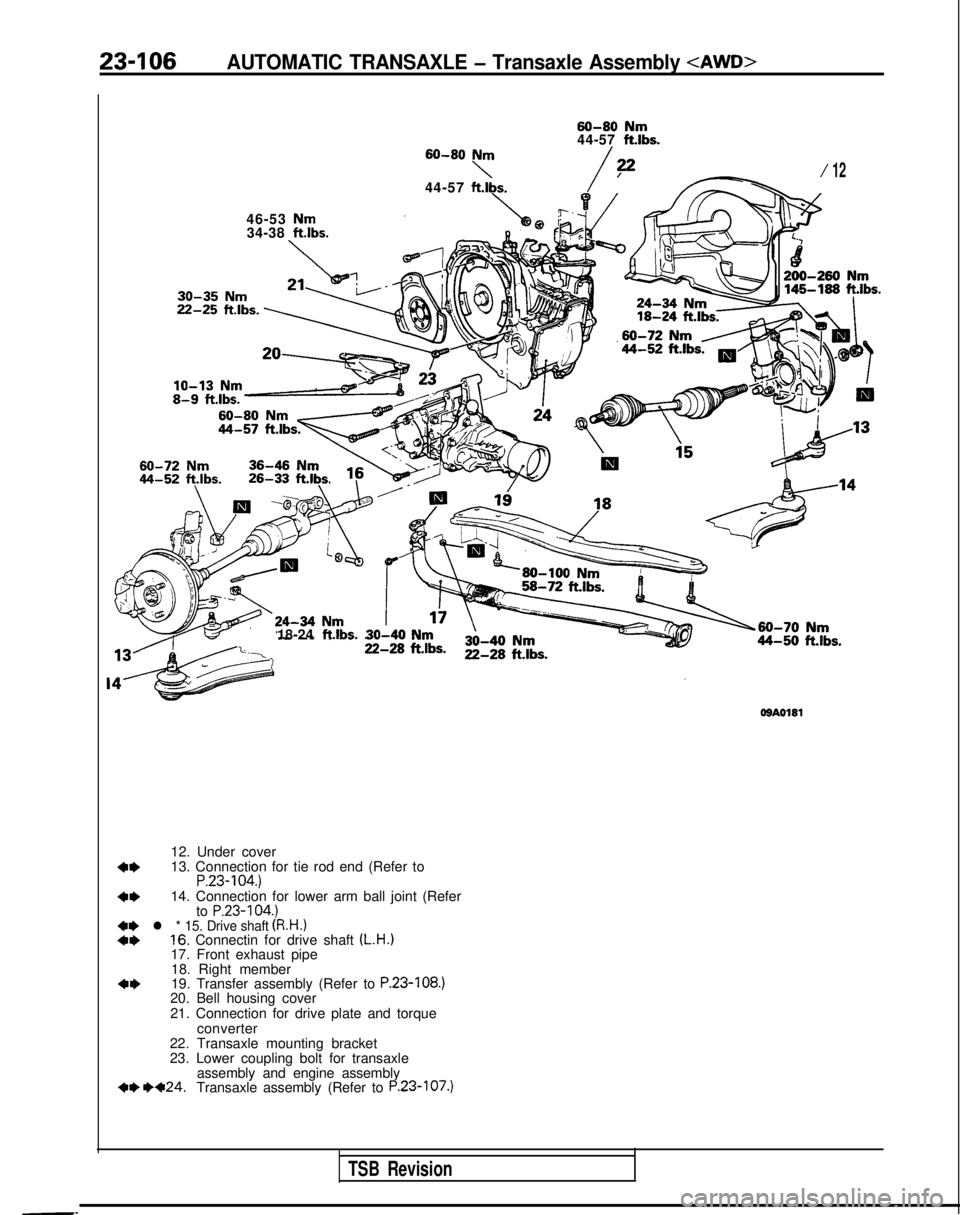 MITSUBISHI GALANT 1989  Service Repair Manual 23-106AUTOMATIC TRANSAXLE - Transaxle Assembly <AWD>
46-53 Nm34-38 ftlbs.
30-35 Nm
60-80 Nm44-57 ftlbs.60-80Nm
44-57ftlbs.\/,22/ 12
18-24 
ftlbs.30-40
08AO181
4*
4*
12. Under cover
13. Connection for 