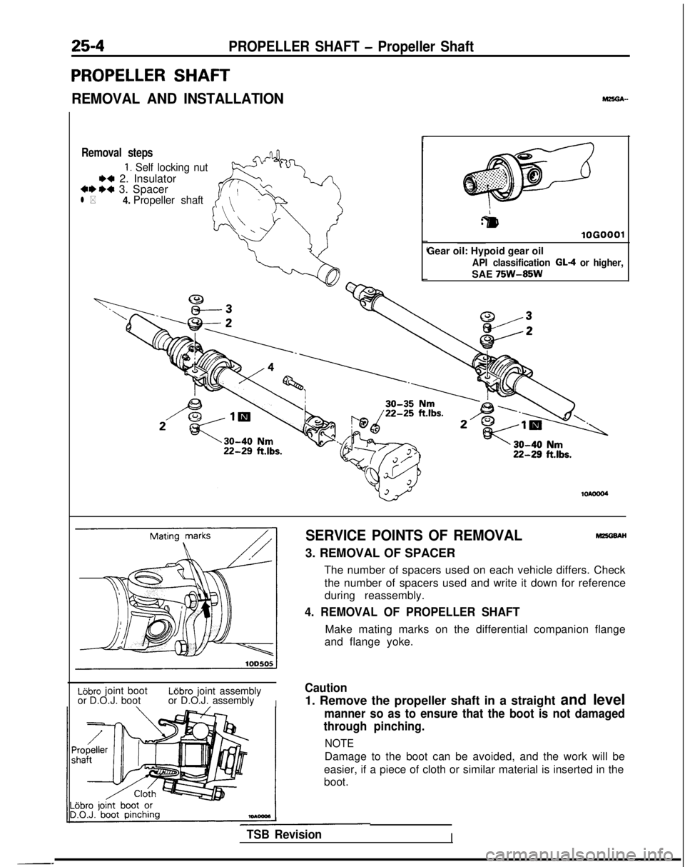 MITSUBISHI GALANT 1989  Service Repair Manual 25-4PROPELLER SHAFT - Propeller Shaft
PROPELLER SHAFT
REMOVAL AND INSTALLATION
Removal steps
1. Self locking nut
** 2. Insulator***a 3. Spacerl *4. 
Propeller shaft
r
:&I
lOGO
Gear oil: Hypoid gear oi