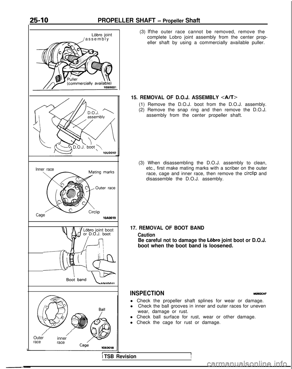 MITSUBISHI GALANT 1989  Service Repair Manual 25-10PROPELLER SHAFT - Propeller Shaft
Lijbro joint
/assembl
 y
10u0010
Inner race
10AOOlS
Lejbro joint boot
Outerrace
/innerrace
(3)  If the outer race cannot be removed, remove the
complete Lobro jo