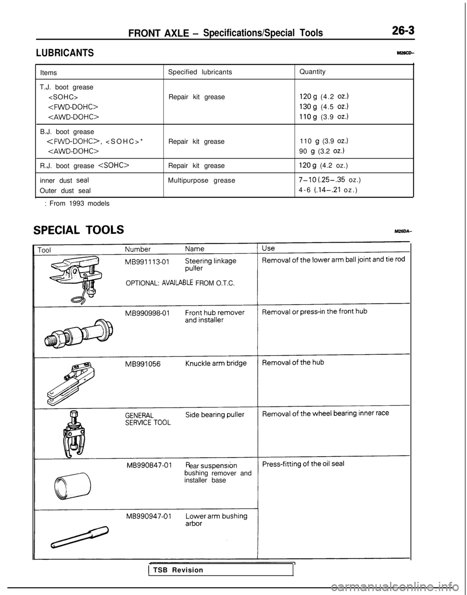 MITSUBISHI GALANT 1989  Service Repair Manual LUBRICANTS
FRONT AXLE -Specifications/Special Tools26-3
M26cD-
Items
T.J. boot grease <SOHC> <FWD-DOHC>
<AWD-DOHC>
B.J. boot grease
<FWD-DOHC>, <SOHC>

*
<AWD-DOHC>
R.J. boot grease <SOHC>
inner dust 