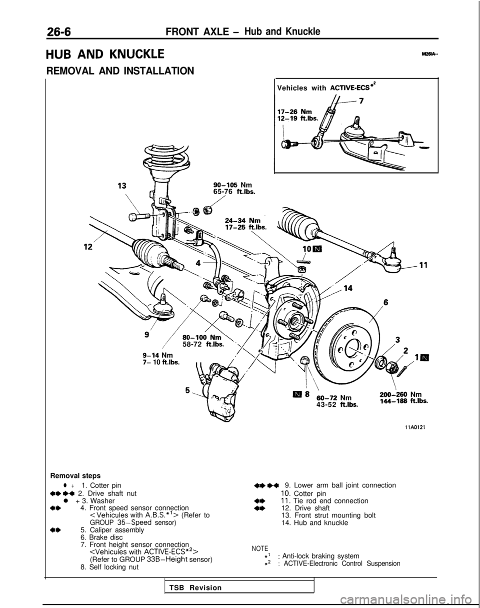 MITSUBISHI GALANT 1989  Service Repair Manual 26-6FRONT AXLE -Hub and Knuckle
HUB AND
 KNUCKLE
REMOVAL AND INSTALLATION
SO-105 Nm
65-76 ft.lbs.
Vehicles with ACTIVE-ECS*’
80-100 Nm’\58-72 ftlbs.
9-14 Nm7- 10 ft.lbs.I
 I
5rq :I
u
- 4. .i,-
B8