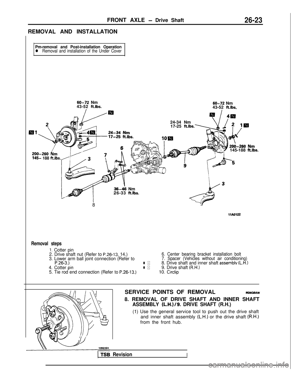 MITSUBISHI GALANT 1989  Service Repair Manual FRONT AXLE - Drive Shaft
REMOVAL AND INSTALLATION26-23
Pm-removal and Post-installation Operationl  Removal and installation of the Under Cover 145-
 188 ft.lbs
60-72 Nm
43-52  ftlbs. 60-72
 Nm
43-52 