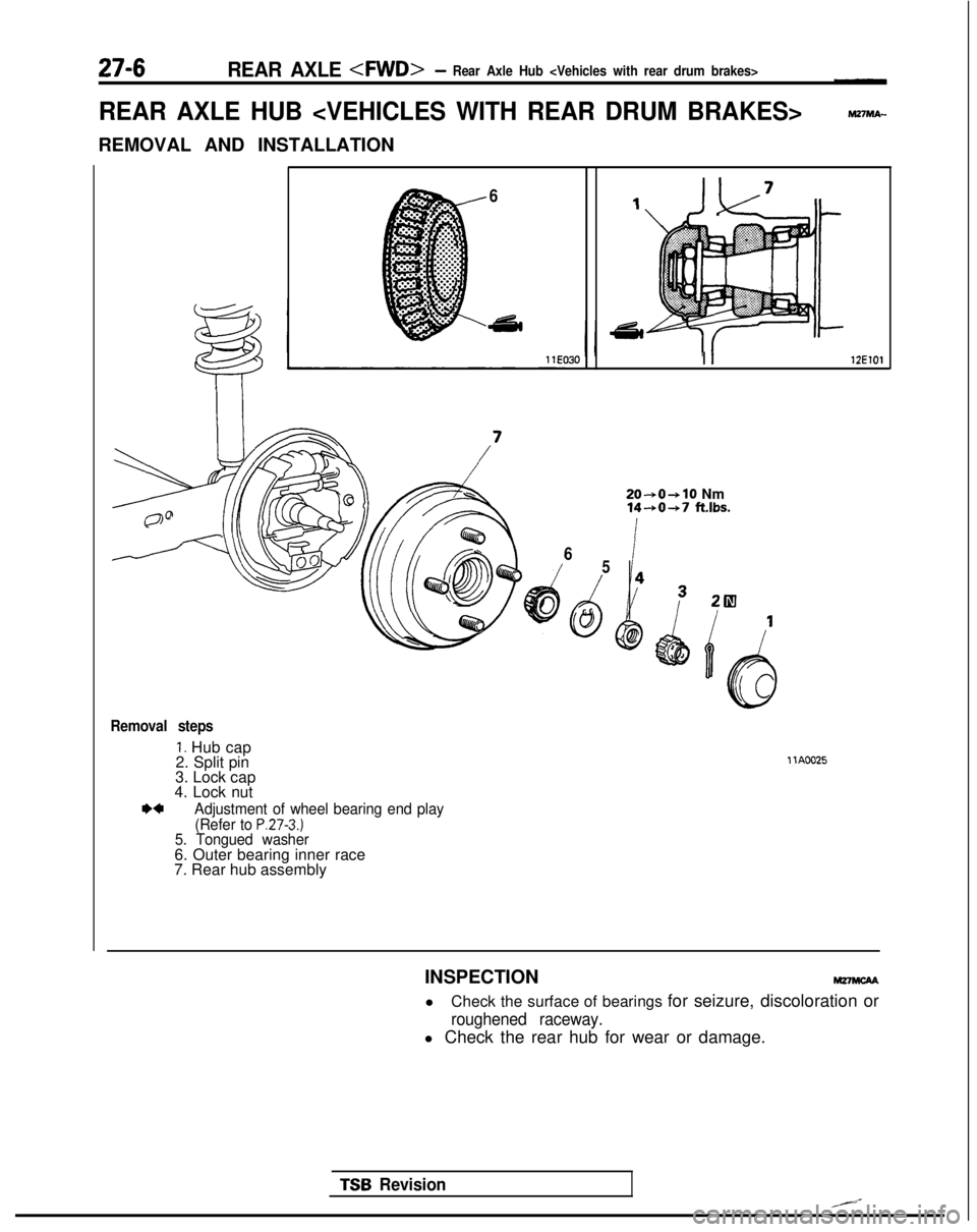 MITSUBISHI GALANT 1989  Service Repair Manual 27-6REAR AXLE <FWD>- Rear Axle Hub <Vehicles with rear drum brakes>
REAR AXLE HUB <VEHICLES WITH REAR DRUM BRAKES>
REMOVAL AND INSTALLATION
6
I 112ElOl
65
Removal steps
1. Hub cap
2. Split pin
3. Lock