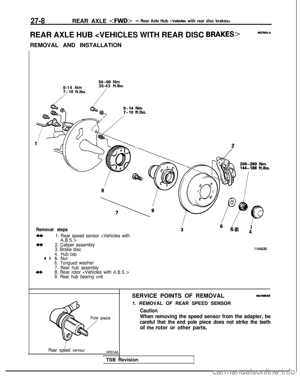 MITSUBISHI GALANT 1989  Service Repair Manual 27-8REAR AXLE -4WD>- Rear Axle Hub <Vehicles with rear disc brakes>
REAR AXLE HUB <VEHICLES WITH REAR DISC BRAKES>
REMOVAL AND INSTALLATION
M27MA-A
9-14 Nm7-10 ft.lbs.
50-60 Nm
36-43  ftlbs.
Removal s