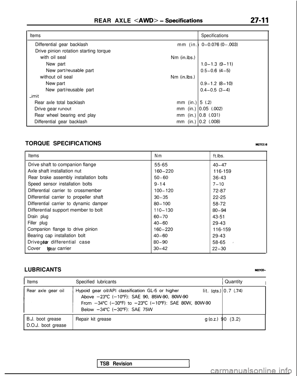 MITSUBISHI GALANT 1989  Service Repair Manual REAR AXLE <AWD> - SDecifications27-11
Items
Differential gear backlash
Drive pinion rotation starting torque
with oil seal
New part
New part/reusable part
without oil seal New part
New part/reusable p