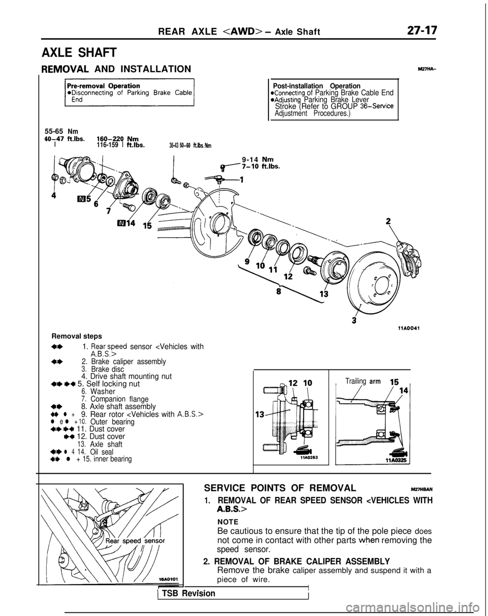 MITSUBISHI GALANT 1989  Service Repair Manual REAR AXLE <AWD> - Axle Shaft27-17
AXLE SHAFT
IEMOVAL
 AND INSTALLATION
55-65
Nm 40-47
ftlbs.160-220NmI116-159 
Ift.lbs.36-43 50-60ft.lbs. Nm
Post-installation OperationKonnecting of Parking Brake Cabl