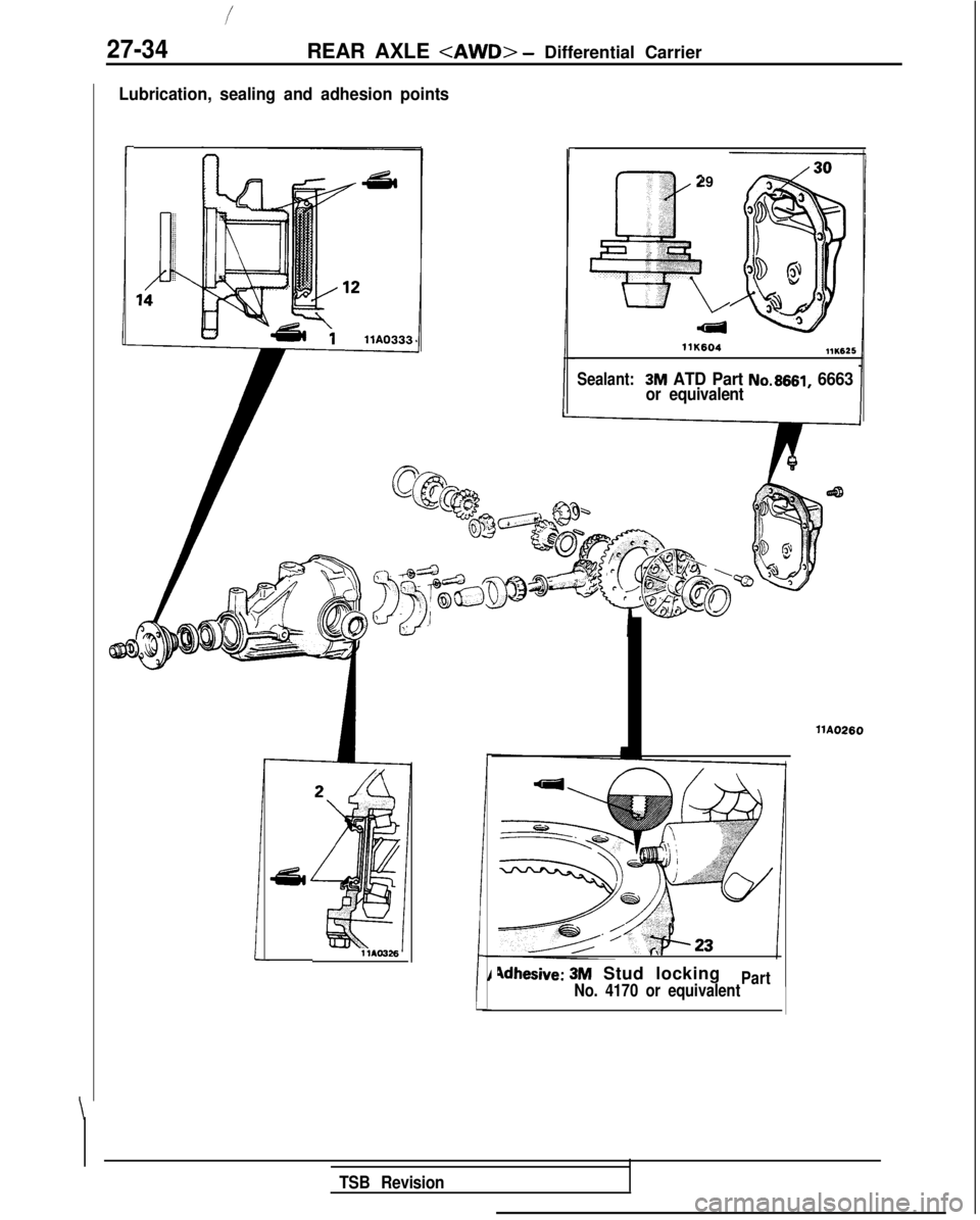MITSUBISHI GALANT 1989  Service Repair Manual 27-34REAR AXLE <AWD> - Differential Carrier
\
Lubrication, sealing and adhesion points
r
1 MO326
r
‘, 29c.
,’ :
~
;I::a e-**,i ,,,,3;;,*; :i
L
Adhesive: 3M Stud locking
No. 4170 or equivalentPart
