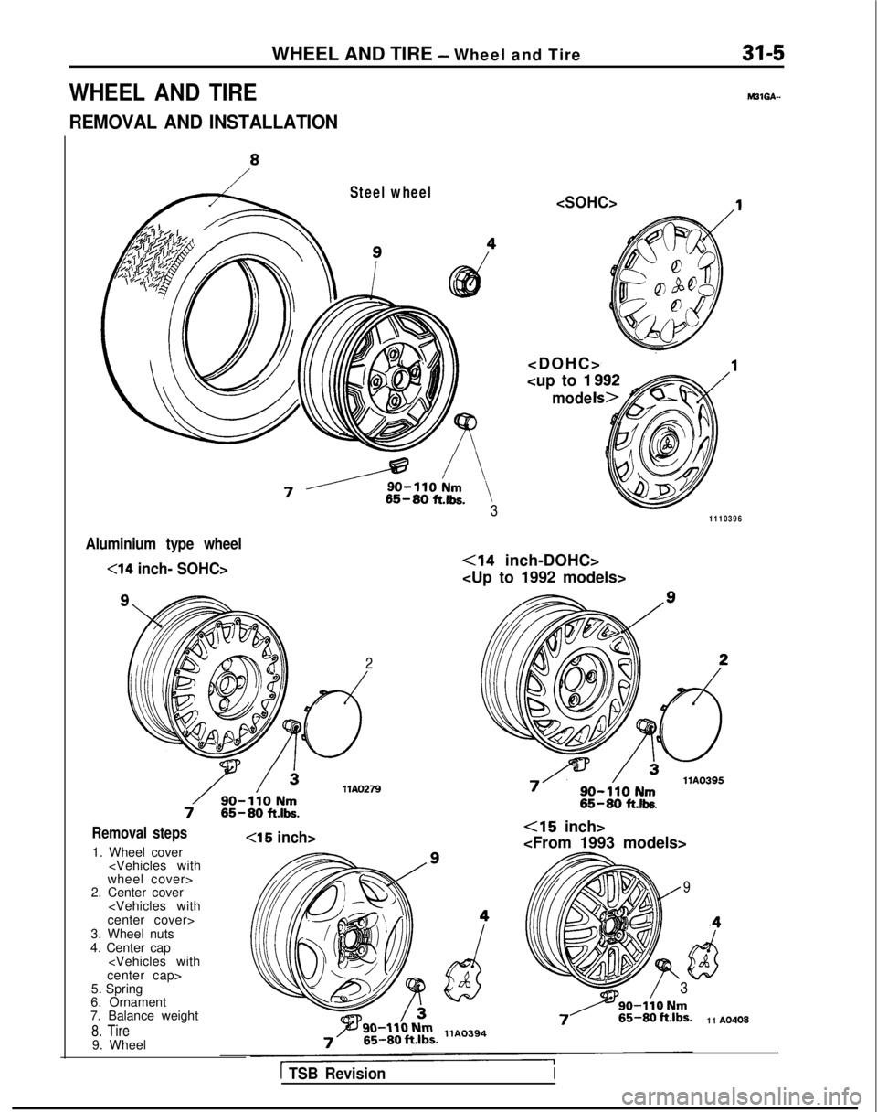 MITSUBISHI GALANT 1989  Service Repair Manual WHEEL AND TIRE - Wheel and Tire
WHEEL AND TIREM31GA..
REMOVAL AND INSTALLATION
Steel wheel
, /-----%10lm65-80 ft.lbs.3
<SOHC>1
<DOHC

>
<up to 1
mode
1110396
Aluminium type wheel
<14  inch- SOHC><14 i