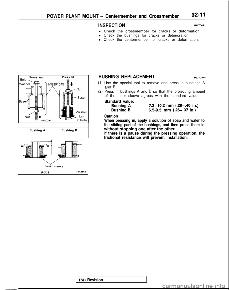 MITSUBISHI GALANT 1989  Service Repair Manual POWER PLANT MOUNT - Centermember and Crossmember32-11
INSPECTIONM32YcAAl
l Check the crossmember for cracks or deformation.
l Check the bushings for cracks or deterioration.
l Check the centermember f