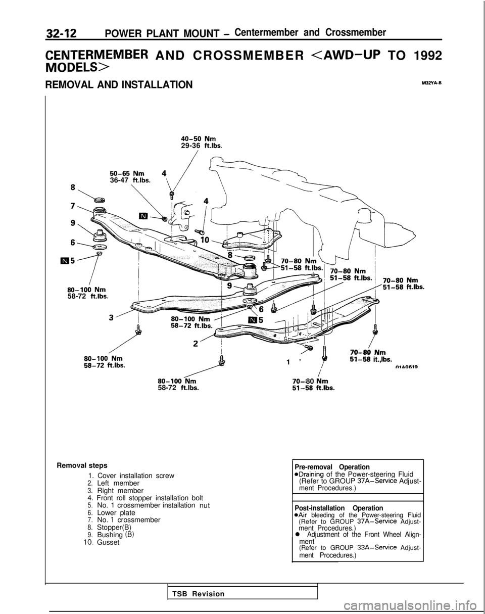 MITSUBISHI GALANT 1989  Service Repair Manual 32-12POWER PLANT MOUNT -Centermember and Crossmember
C&Et;;rSM>EMBER AND CROSSMEMBER <AWD-UP TO 1992
REMOVAL AND INSTALLATIONM32Yh-0
40-50 Nm29-36 ft.lbs.
50-65 Nm36-47 ft.lbs.80-100
 
Nm58-72  ftlbs.