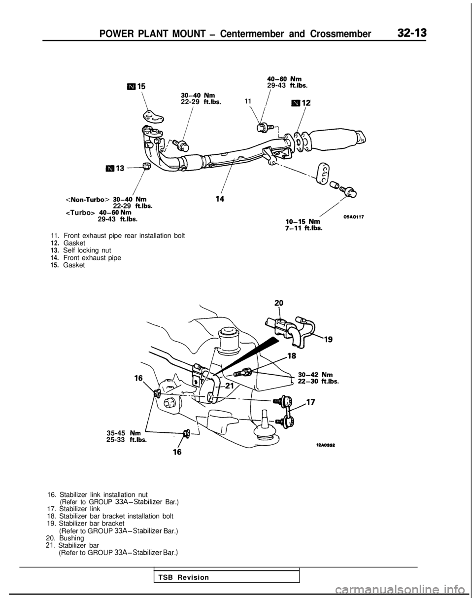 MITSUBISHI GALANT 1989  Service Repair Manual POWER PLANT MOUNT - Centermember and Crossmember32-13
<Turbo> 40-60 Nm29-43 ftlbs.
11.12.
13.Front exhaust pipe rear installation bolt
Gasket
Self locking nut
Front exhaust pipe
Gasket
14.
15. <Non-l
