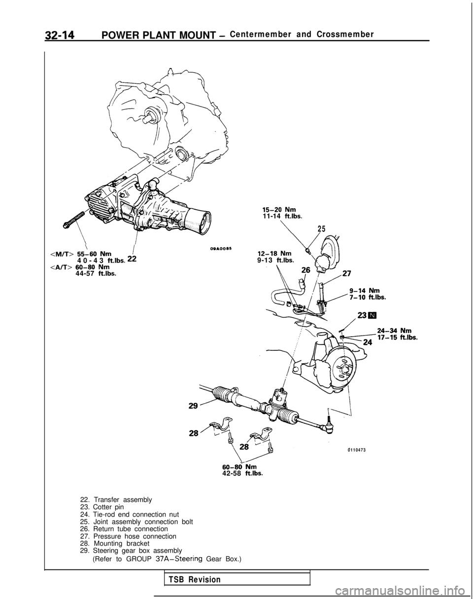 MITSUBISHI GALANT 1989  Service Repair Manual 32-14POWER PLANT MOUNT -Centermember and Crossmember
\I<M/T> 55-60 Nm40-43 ftlbs.
 22<A/T> 60-80 Nm44-57 ft.lbs.
OQAOOA5 15-20
 
Nm11-14  ftlbs.
\25
9-13 
ftlbs.
0110473
60-8&Nm42-58 ft.lbs.
22. Trans