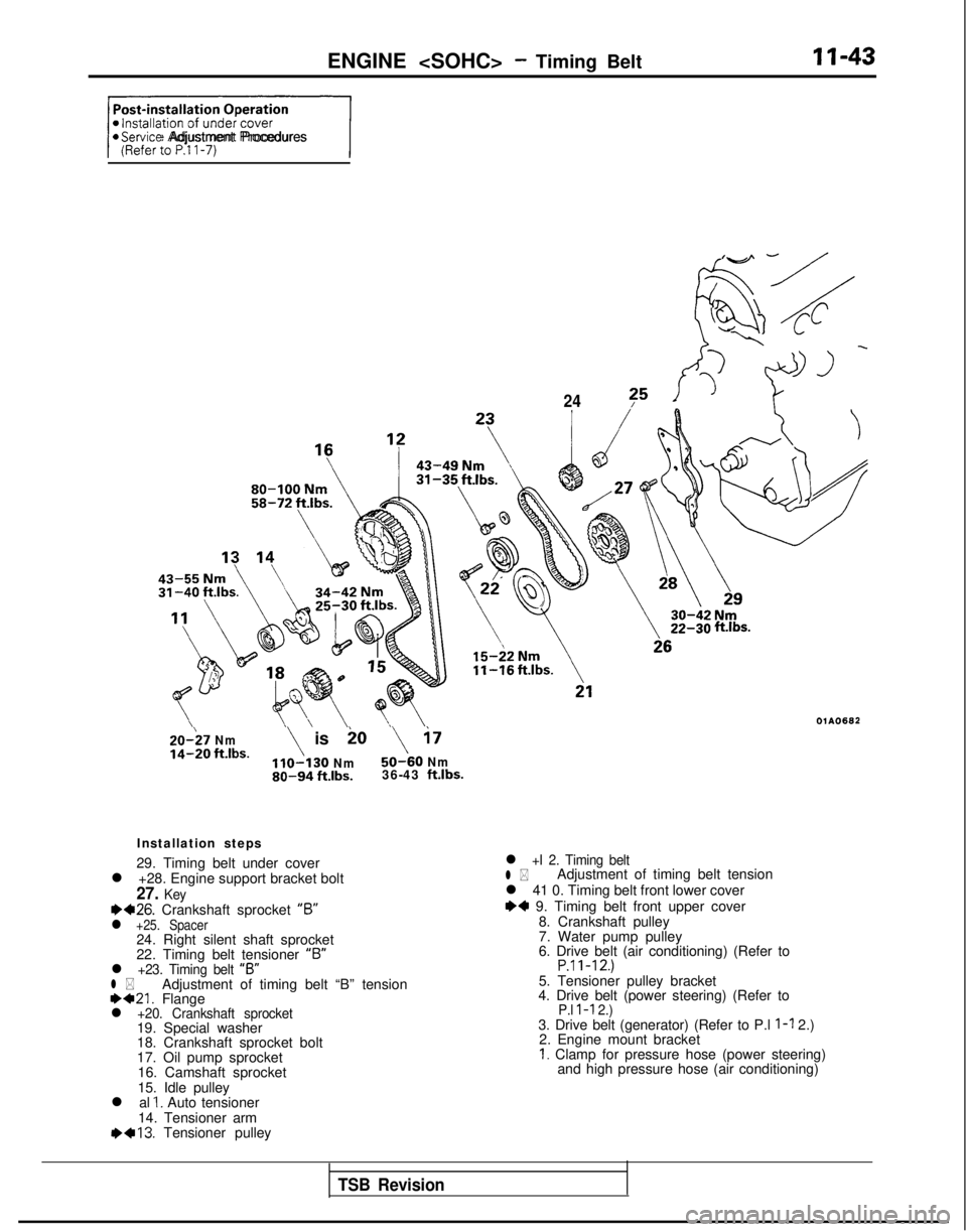 MITSUBISHI GALANT 1989 Service Repair Manual ENGINE <SOHC> - Timing BeltII-43
+/@Service Adjustment Procedures
24?5
20-;7 Nmio
14-20 ft.lbs.\ is\ i7
Nm50-60 Nm80-94 ft.lbs.36-43 ft.lbs.
Installation steps
29. Timing belt under cover
l +28. Engi MITSUBISHI GALANT 1989 Service Repair Manual ENGINE <SOHC> - Timing BeltII-43
+/@Service Adjustment Procedures
24?5
20-;7 Nmio
14-20 ft.lbs.\ is\ i7
Nm50-60 Nm80-94 ft.lbs.36-43 ft.lbs.
Installation steps
29. Timing belt under cover
l +28. Engi