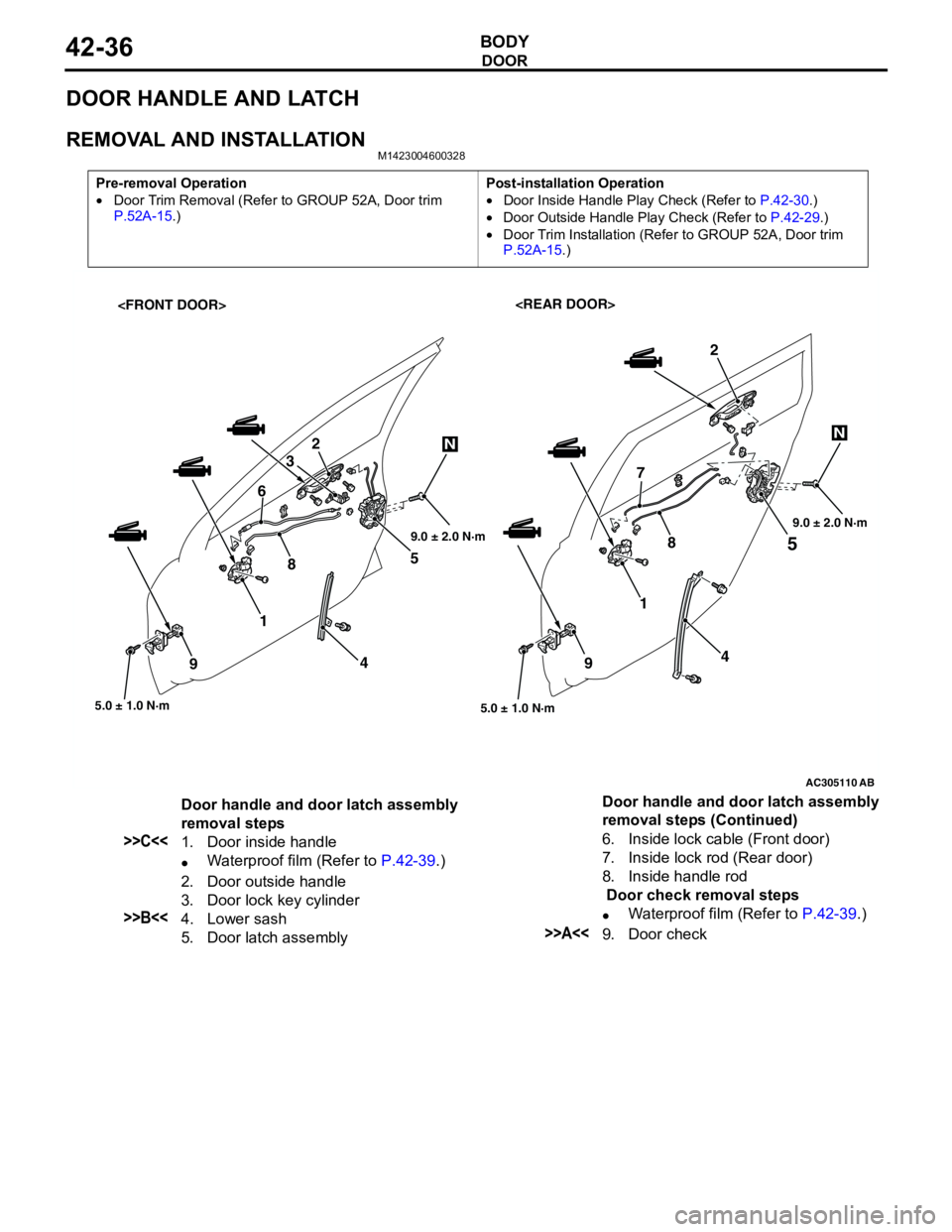 MITSUBISHI LANCER 2005  Workshop Manual DOOR
BODY42-36
DOOR HANDLE AND LATCH
REMOVAL AND INSTALLATIONM1423004600328
Pre-removal Operation
•Door Trim Removal (Refer to GROUP 52A, Door trim 
P.52A-15.)Post-installation Operation
•Door Ins