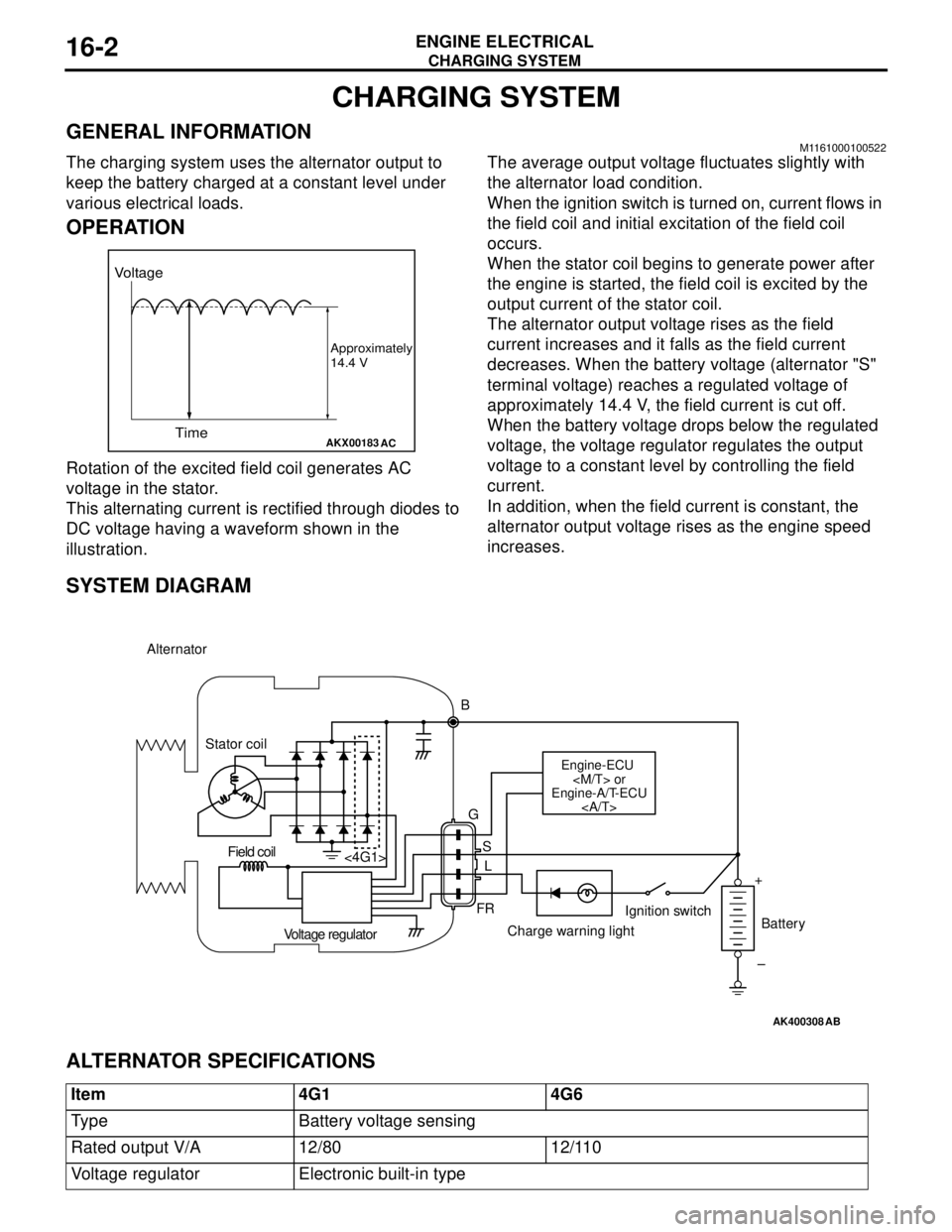 MITSUBISHI LANCER 2005 Workshop Manual CHARGING SYSTEM
ENGINE ELECTRICAL16-2
CHARGING SYSTEM
GENERAL INFORMATIONM1161000100522
The charging system uses the alternator output to
keep the battery charged at a constant level under
various e MITSUBISHI LANCER 2005 Workshop Manual CHARGING SYSTEM
ENGINE ELECTRICAL16-2
CHARGING SYSTEM
GENERAL INFORMATIONM1161000100522
The charging system uses the alternator output to
keep the battery charged at a constant level under
various e