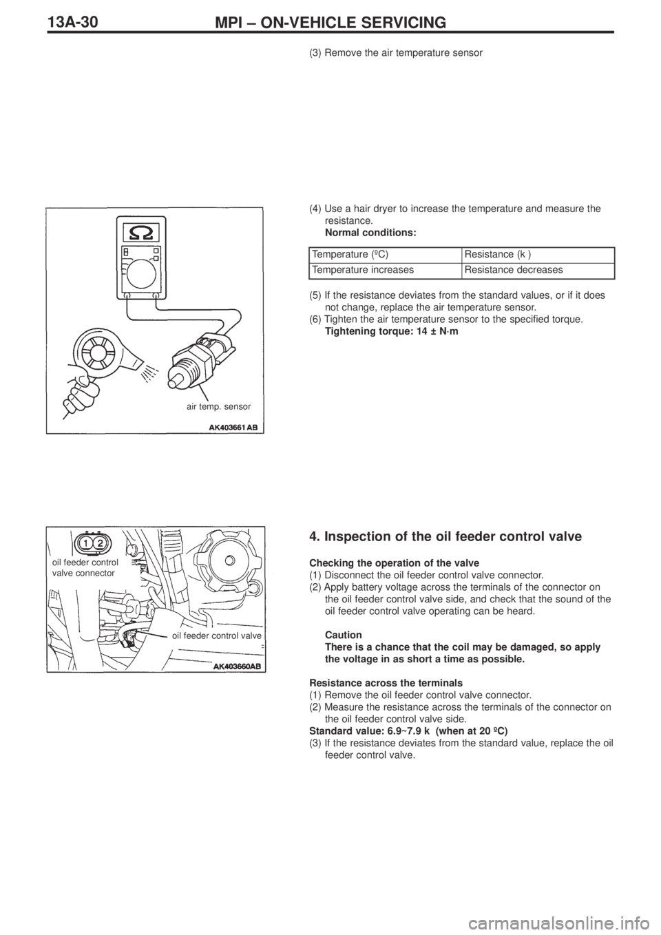 MITSUBISHI LANCER EVOLUTION IX 2005 Workshop Manual MPI – ON-VEHICLE SERVICING13A-30
(3) Remove the air temperature sensor
(4) Use a hair dryer to increase the temperature and measure the
resistance.
Normal conditions:
air temp. sensor
Temperature ( MITSUBISHI LANCER EVOLUTION IX 2005 Workshop Manual MPI – ON-VEHICLE SERVICING13A-30
(3) Remove the air temperature sensor
(4) Use a hair dryer to increase the temperature and measure the
resistance.
Normal conditions:
air temp. sensor
Temperature (