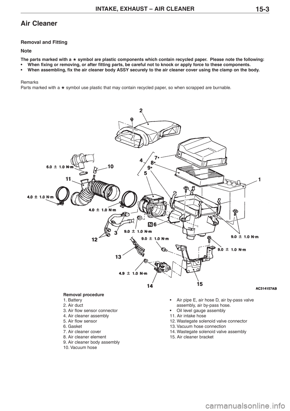 MITSUBISHI LANCER EVOLUTION VIII 2004  Workshop Manual INTAKE, EXHAUST – AIR CLEANER15�3
Air Cleaner
Removal and Fitting
Note
The parts marked with a �symbol are plastic components which contain recycled paper. Please note the following:
•When fixing 