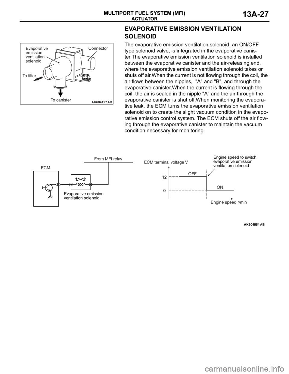 MITSUBISHI LANCER EVOLUTION X 2008 Workshop Manual ACTUATOR
MULTIPORT FUEL SYSTEM (MFI)13A-27
EVAPORATIVE EMISSION VENTILATION
SOLENOID
The evaporative emission ventilation solenoid, an ON/OFF
type solenoid valve, is integrated in the evaporative ca MITSUBISHI LANCER EVOLUTION X 2008 Workshop Manual ACTUATOR
MULTIPORT FUEL SYSTEM (MFI)13A-27
EVAPORATIVE EMISSION VENTILATION
SOLENOID
The evaporative emission ventilation solenoid, an ON/OFF
type solenoid valve, is integrated in the evaporative ca