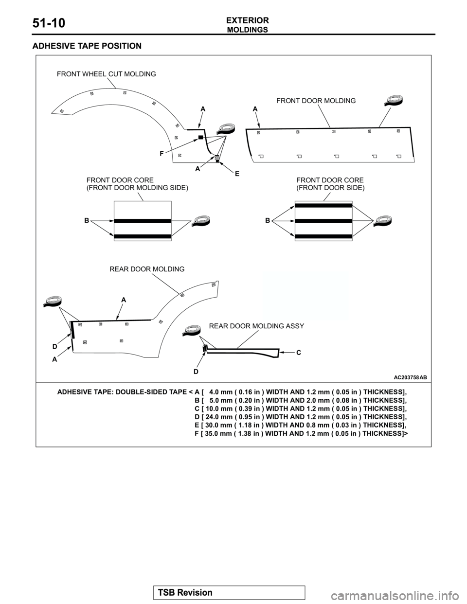 MITSUBISHI MONTERO 2003  Service Repair Manual AC203758
FRONT WHEEL CUT MOLDING
FRONT DOOR MOLDING
REAR DOOR MOLDING
REAR DOOR MOLDING ASSY
AB
D
AA
D
C A
A
ADHESIVE TAPE: DOUBLE-SIDED TAPE < A [   4.0 mm ( 0.16 in ) WIDTH AND 1.2 mm ( 0.05 in ) TH