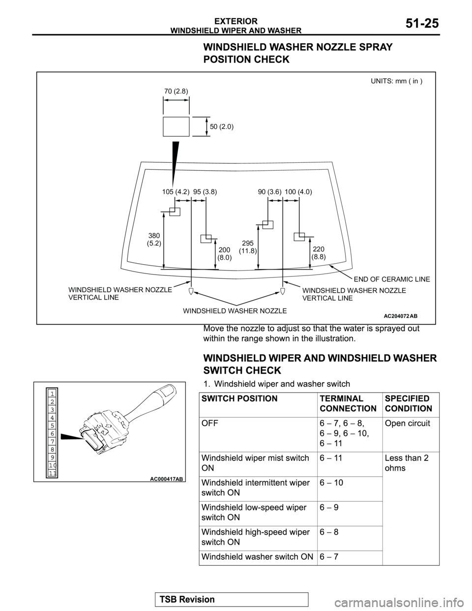 MITSUBISHI MONTERO 2003  Service Repair Manual AC204072WINDSHIELD WASHER NOZZLEWINDSHIELD WASHER NOZZLE 
VERTICAL LINEEND OF CERAMIC LINE
WINDSHIELD WASHER NOZZLE 
VERTICAL LINEUNITS: mm ( in )
50 (2.0) 70 (2.8)
90 (3.6) 100 (4.0) 105 (4.2) 95 (3.