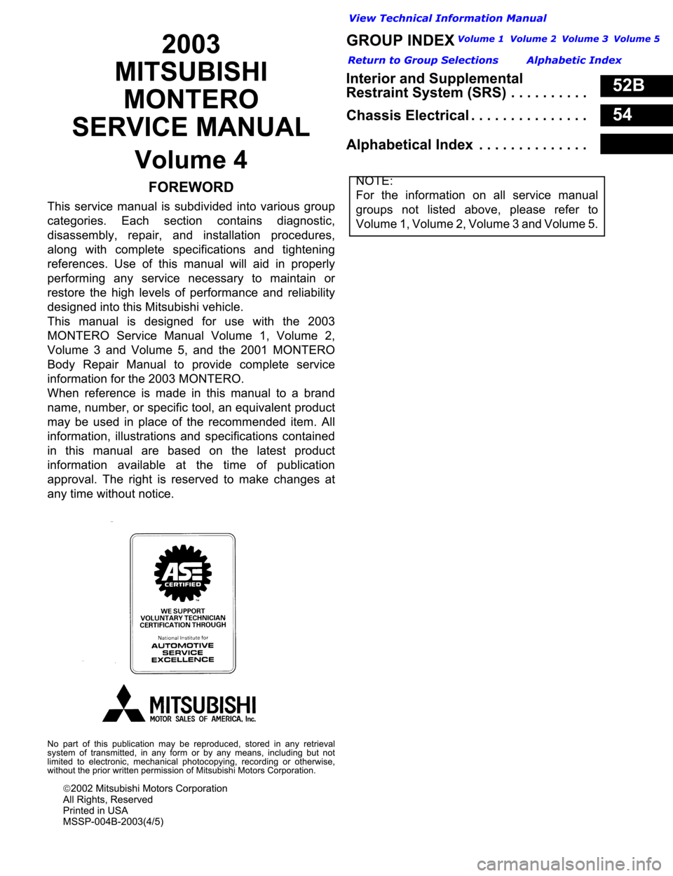 MITSUBISHI MONTERO 2003  Service Repair Manual 