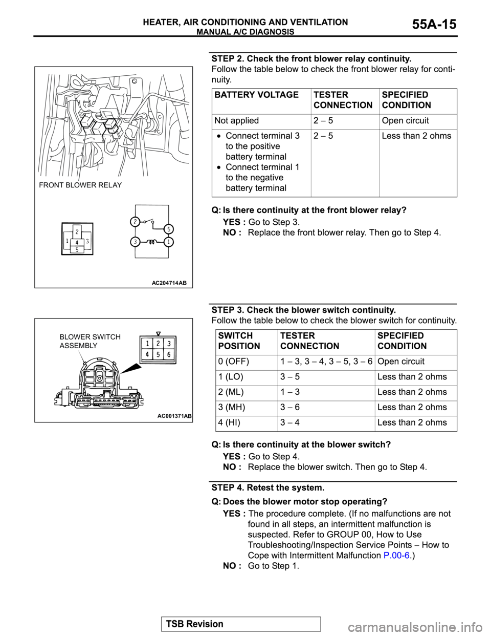 MITSUBISHI MONTERO 2003  Service Repair Manual AC204714AB
FRONT BLOWER RELAY
AC001371
BLOWER SWITCH
ASSEMBLY
AB 