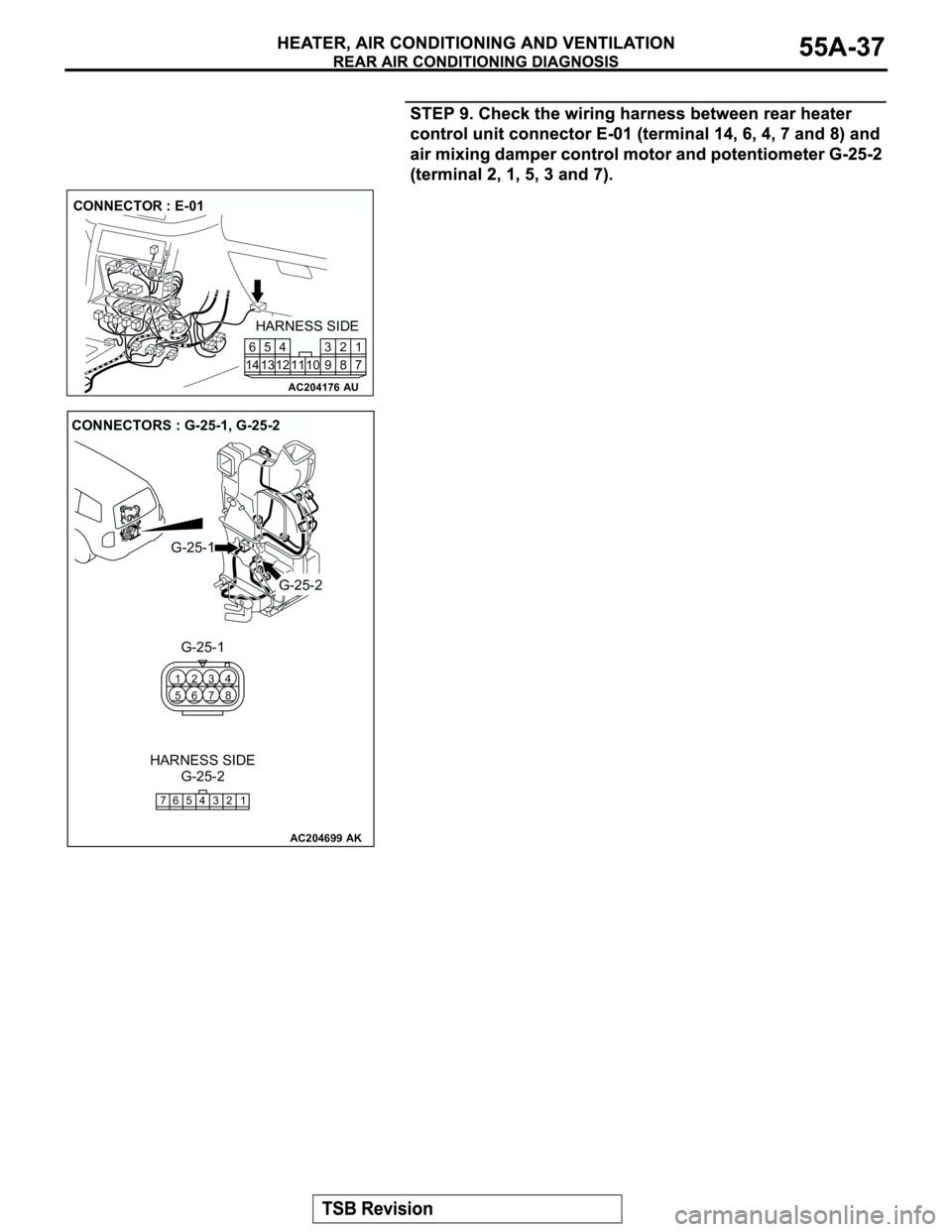 MITSUBISHI MONTERO 2003  Service Repair Manual AC204176
CONNECTOR : E-01
AU
HARNESS SIDE
7 8 3
10 92 4
11 13 125
1461
AC204699
CONNECTORS : G-25-1, G-25-2
AK
G-25-2
G-25-2
G-25-1
G-25-1
HARNESS SIDE
765 43 2 1
84
7 3
5 1
6 2 