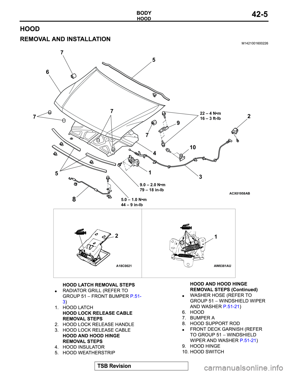 MITSUBISHI MONTERO 2003  Service Repair Manual ACX01958
A18C0021 AW0381AU
22 – 4 N•m
16 – 3 ft-lb
9.0 – 2.0 N•m
79 – 18 in-lb2
1
3 4 5
6
7
8
9 7
7
57
5.0 – 1.0 N•m
44 – 9 in-lb
1 2
AB
10 
